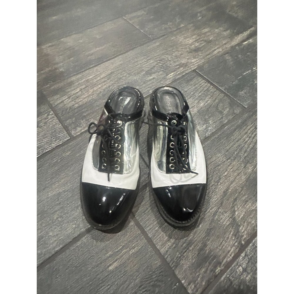 GENTLY USED JEFFREY CAMPBELL BLACK AND WHITE WITH CLEAR HEEL SLIP ONS
